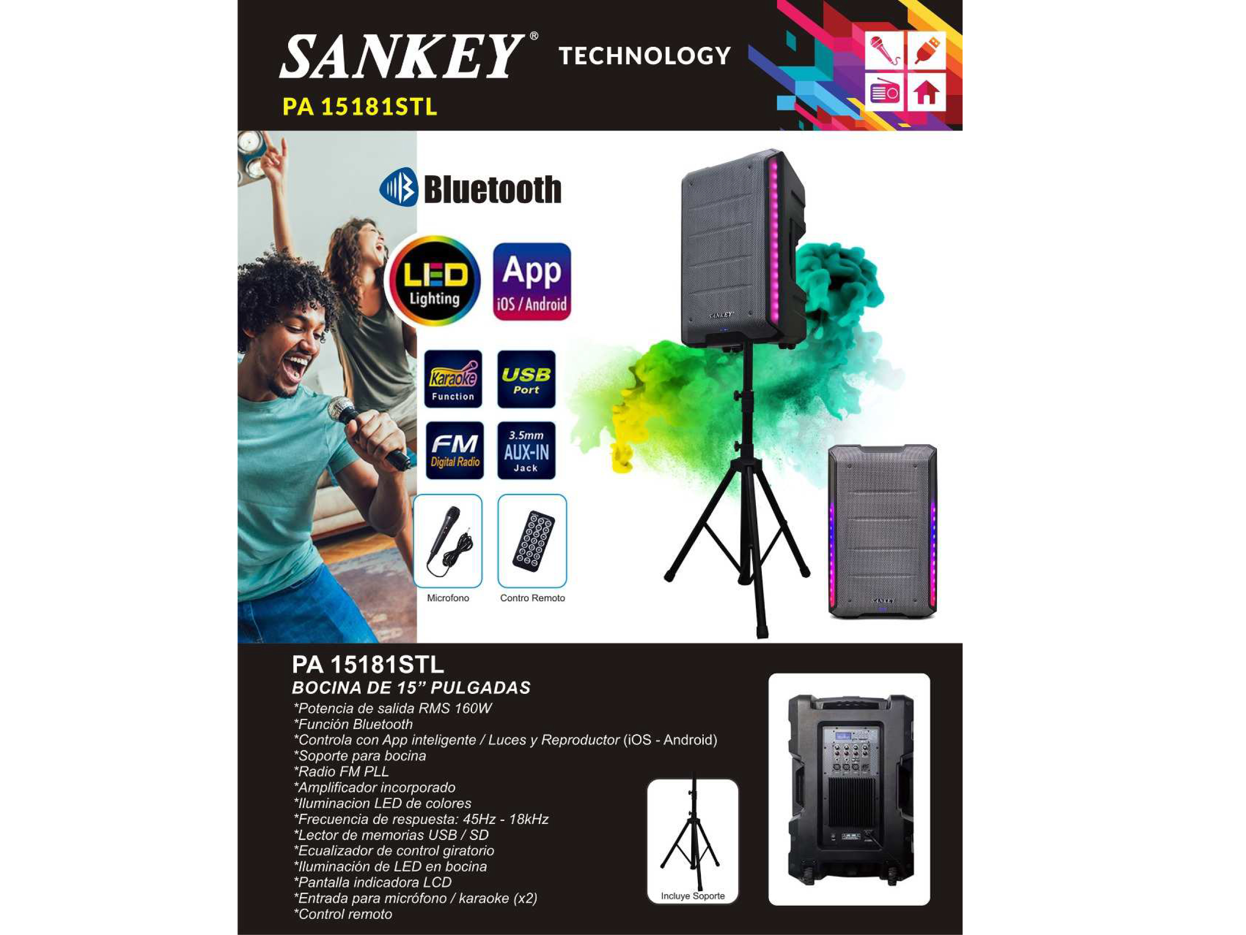 Bocina súper woofer de 15" con soporte y app SANKEY - Imagen 3