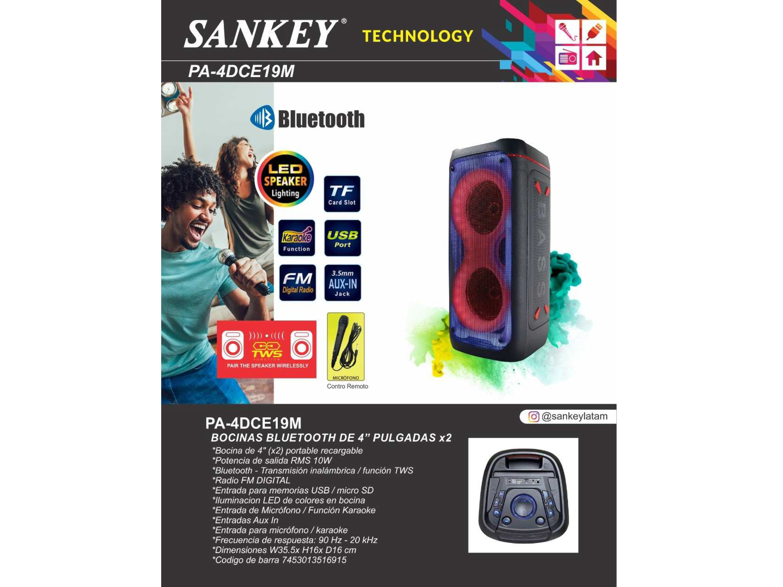 Bocina 4" Recar Bt / Usb/ Fm/ Karaoke 24w X 2 SANKEY - Imagen 2