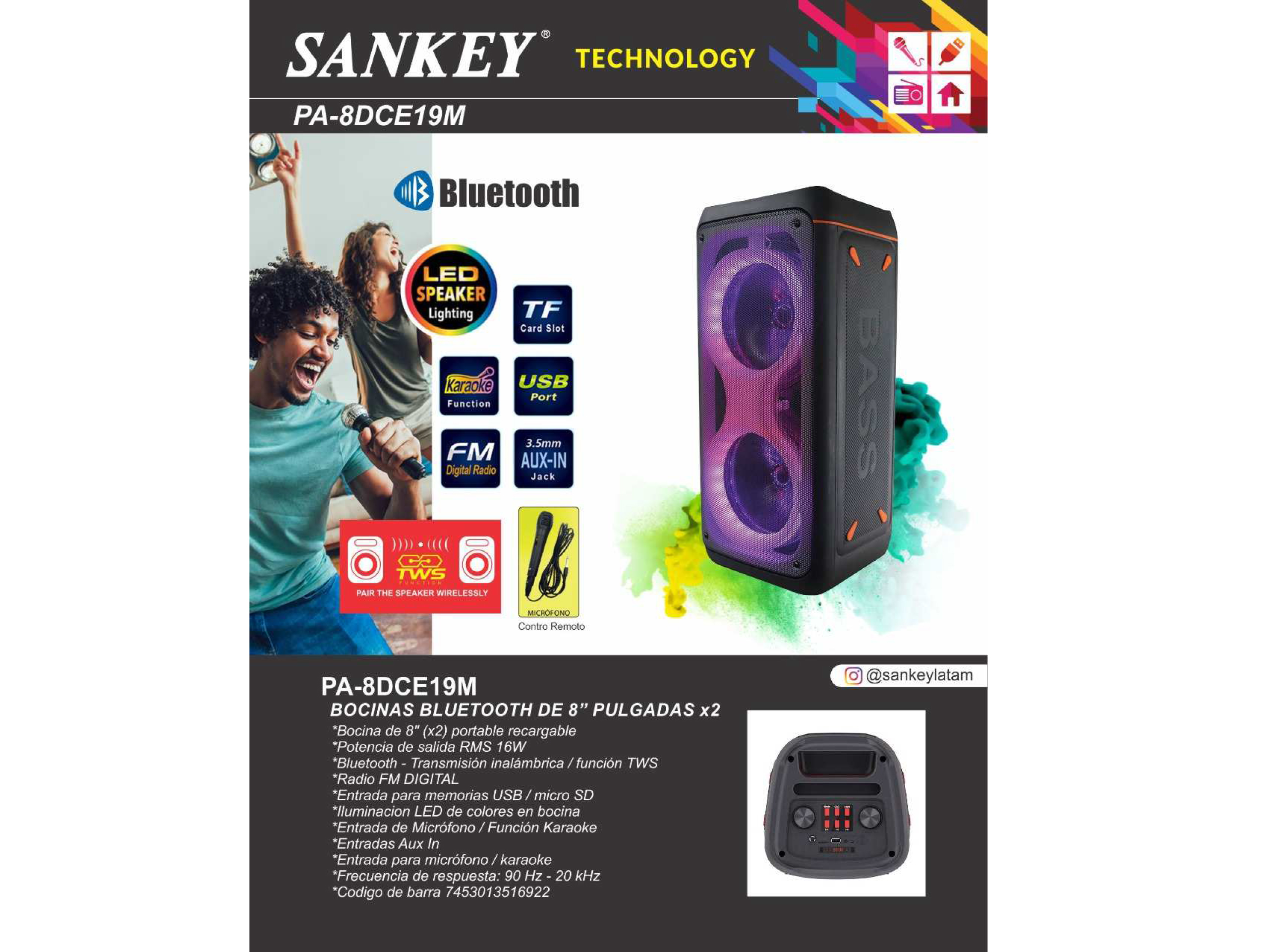Bocina Recar 8¨ X 2 Bt/Usb/Fm/Led/Karaoke 16w SANKEY - Imagen 2